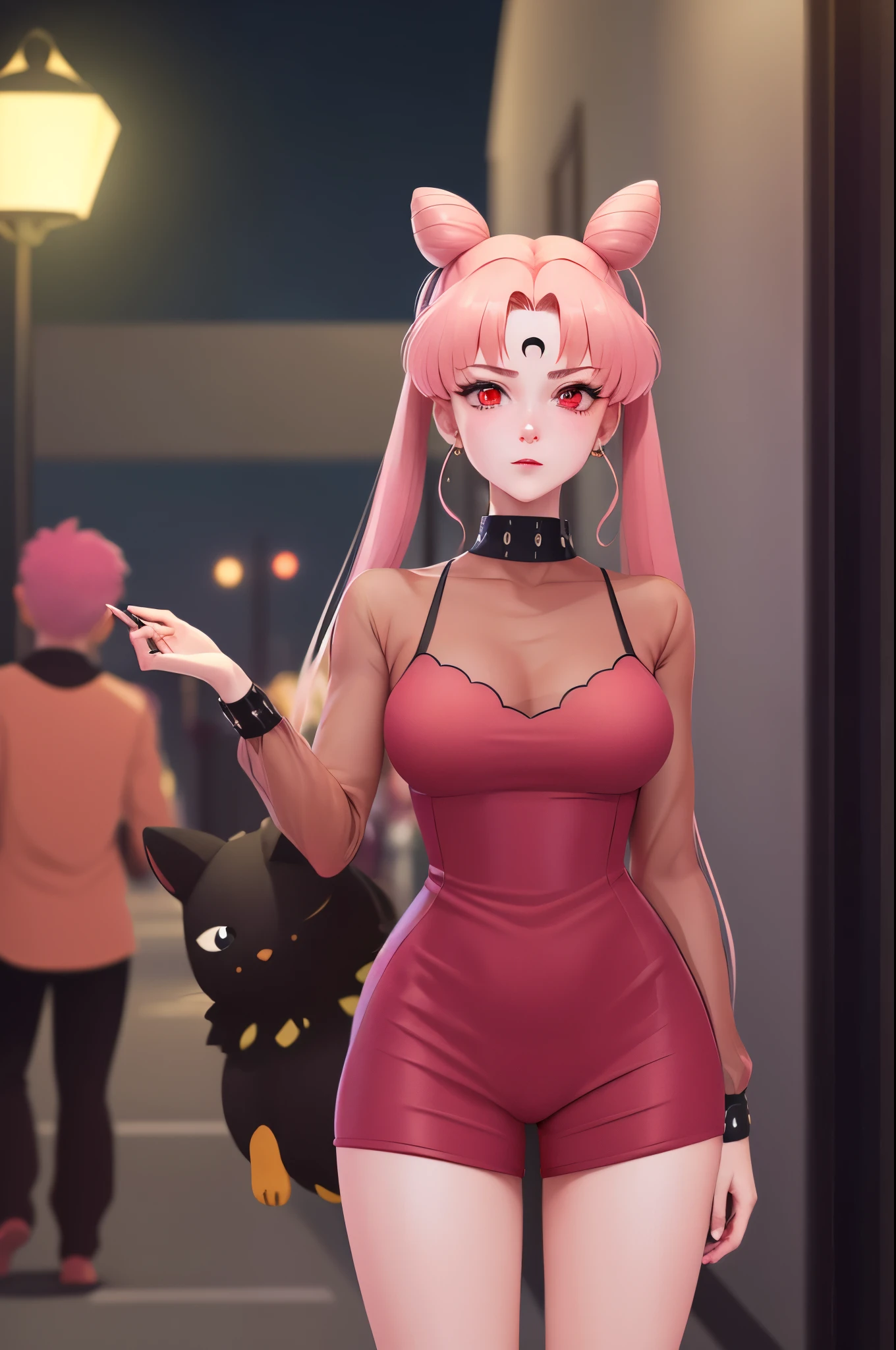 masterpiece, best quality, highres, 1990s \(style\), black lady, 1girl, double bun, twintails, parted bangs, pink hair, cowboy shot, (animification:1.4), futoshi slim, (aged up:1.4), (mature female:1.4), long hair, red eyes, solo, shy, night Tokyo background