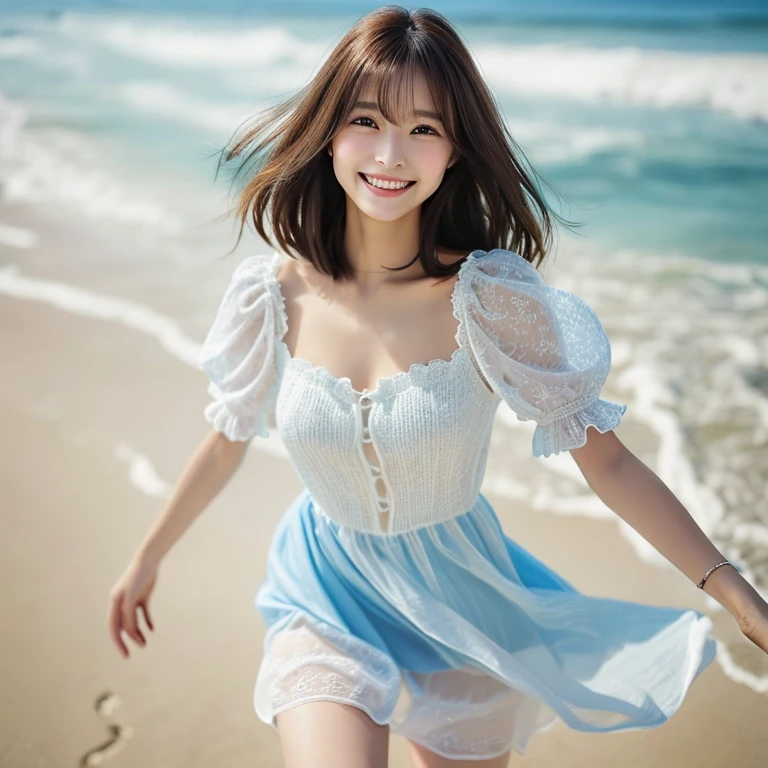 Photo-realistic quality、A woman in her fifties walking on the beach with her arms outstretched, ,Smiling Kindly, She is wearing a sheer white summer dress,looking at the camera、 Cute young woman,  soft and gentle expression, Beautiful face with arms and legs, Beautiful Japanese Women, Medium long hair、Brunette Hair、looking at the camera、Detailed and beautiful eyes、smile