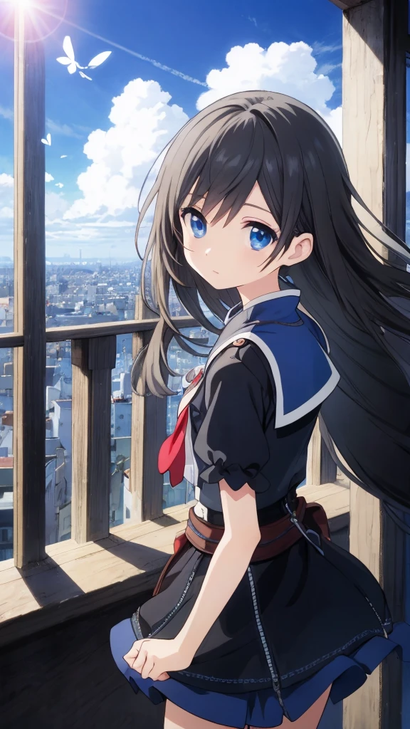 Absurd, High resolution, (Anime Style:1.1), ((Tabletop)), ((highest quality)), (Very detailed), (beautiful), alone, beautiful face、(lift)、The view from the top of a skyscraper close to the atmosphere is lovely.,Wind,((Thin black colorful long hair)),, blue eyes,Lens flare,dramatic,Detailed Ancient City、A skirt fluttering in the wind、Clouds looking down、(Finely fluttering black here:1.4),((Kingdom Hearts 4)),((Shibuya Ward))1.5,