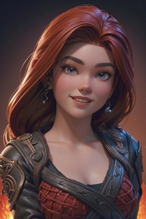 Hermosa cabeza femenina vikinga, pelo rojo, disfraz de guerrera vikinga, en globo de nieve, sonrisa suave, Lindo retrato de cuerpo entero, figura esbelta de pie, Personaje de dibujos animados, personaje de pixar, medieval, Renderizado 3D, symatic lighting, Trazado de rayos. Rojo crujiente, luz radiante, bosque misteriosa, (la mejor calidad, 8K, high resolution, obra maestra:1.2), caprichoso.