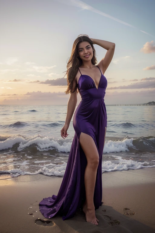 there is a woman that is smiling and posing for a picture, flawless olive skin, violet myers, gorgeous latina face, beautiful and smiling, cindy avelino, beautiful mexican woman, indian girl with brown skin, portrait sophie mudd, high res, highres, fanart, leaked image, gorgeous beautiful woman, full res, alanis guillen, jaw-dropping beauty, a woman in a purple dress standing in the water, wearing an elegant dress, posing on a beach with the ocean, wearing a long dress, modeling photography, wearing a flowing dress, purple dress, wearing a dress made of water, ethereal beauty, stunning elegant pose, posing on the beach, photos hoot, garbed in a purple gown, wearing a wonderful dress