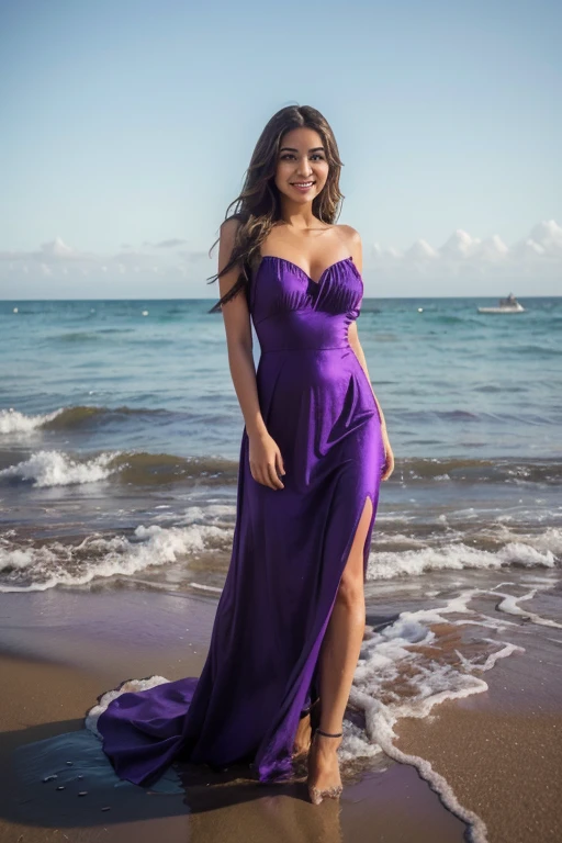 there is a woman that is smiling and posing for a picture, flawless olive skin, violet myers, gorgeous latina face, beautiful and smiling, cindy avelino, beautiful mexican woman, indian girl with brown skin, portrait sophie mudd, high res, highres, fanart, leaked image, gorgeous beautiful woman, full res, alanis guillen, jaw-dropping beauty, a woman in a purple dress standing in the water, wearing an elegant dress, posing on a beach with the ocean, wearing a long dress, modeling photography, wearing a flowing dress, purple dress, wearing a dress made of water, ethereal beauty, stunning elegant pose, posing on the beach, photos hoot, garbed in a purple gown, wearing a wonderful dress