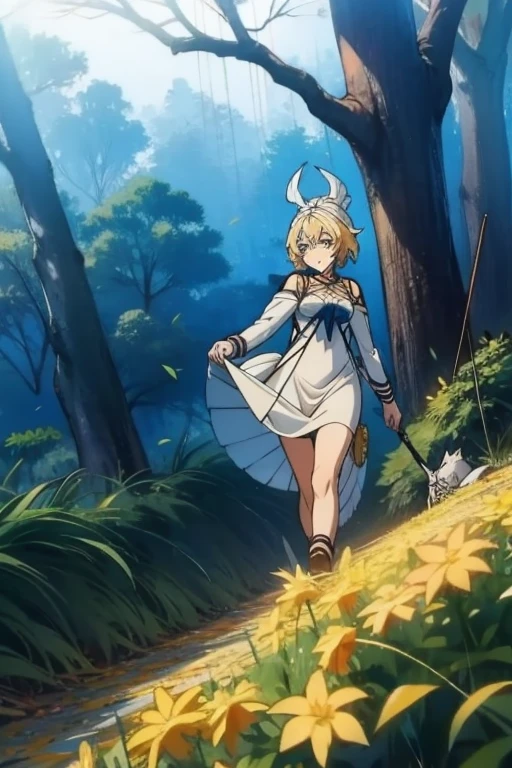 mikaela andando por uma floresta