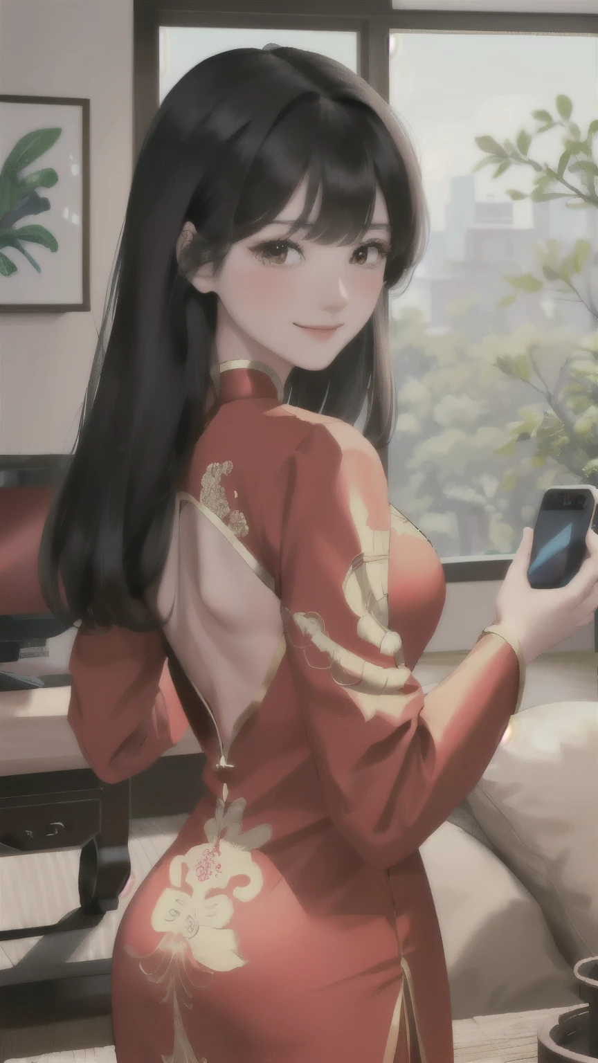 1 Woman Standing, ((Have a smartphone) In front of the face:1.2), (Selfie), (Deep Red Chinese Dress), Mature Woman, /(Black Hair/) bangs, Blushing Smile, (Masterpiece of the highest quality:1.2) Delicate illustrations, super detailed, Big Break (Back of smartphone), Camera lens break (Modern house living room) indoor