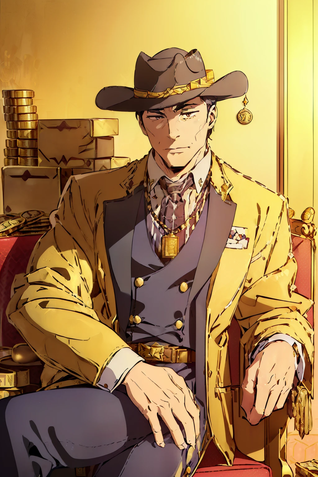 rich man, (dressed in cowboy-style outfit: 1.3), (Large stack of money: 1.5), (Sitting on a plush chair: 1.2), (Surrounded by gold coins and dollar bills: 1.5), (Exuding confidence and wealth: 1.0), (AR 16:9: 1.5), (S2 resolution: 1.5), (Realistic textures and shaders: 1.2), (Detailed wrinkles and folds on the man's clothes: 1.0), (Wearing a stylish hat and belt: 1.0), (Accessories like a watch