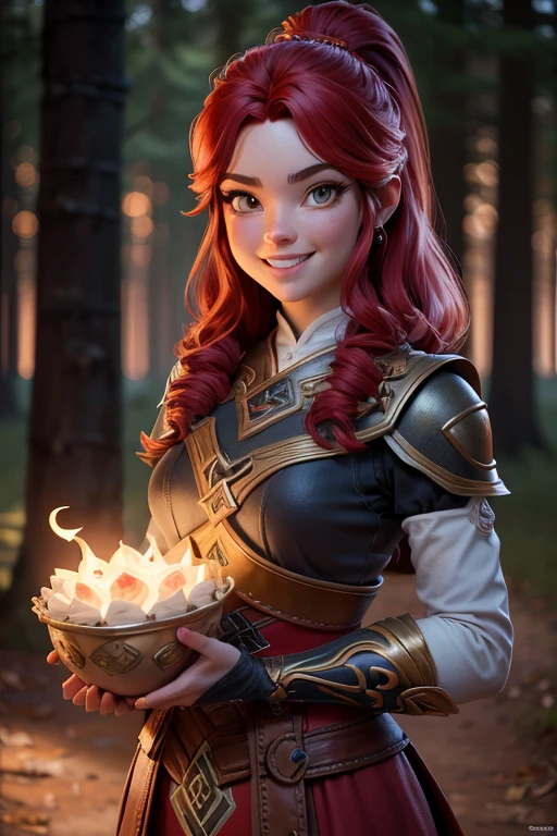 Hermosa cabeza femenina vikinga, pelo rojo, disfraz de guerrera vikinga, en globo de nieve, sonrisa suave, Lindo retrato de cuerpo entero, figura esbelta de pie, Personaje de dibujos animados, personaje de pixar, medieval, Renderizado 3D, symatic lighting, Trazado de rayos. Rojo crujiente, luz radiante, bosque misteriosa, (la mejor calidad, 8K, high resolution, obra maestra:1.2), caprichoso.