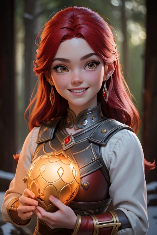 Hermosa cabeza femenina vikinga, pelo rojo, disfraz de guerrera vikinga, en globo de nieve, sonrisa suave, Lindo retrato de cuerpo entero, figura esbelta de pie, Personaje de dibujos animados, personaje de pixar, medieval, Renderizado 3D, symatic lighting, Trazado de rayos. Rojo crujiente, luz radiante, bosque misteriosa, (la mejor calidad, 8K, high resolution, obra maestra:1.2), caprichoso.