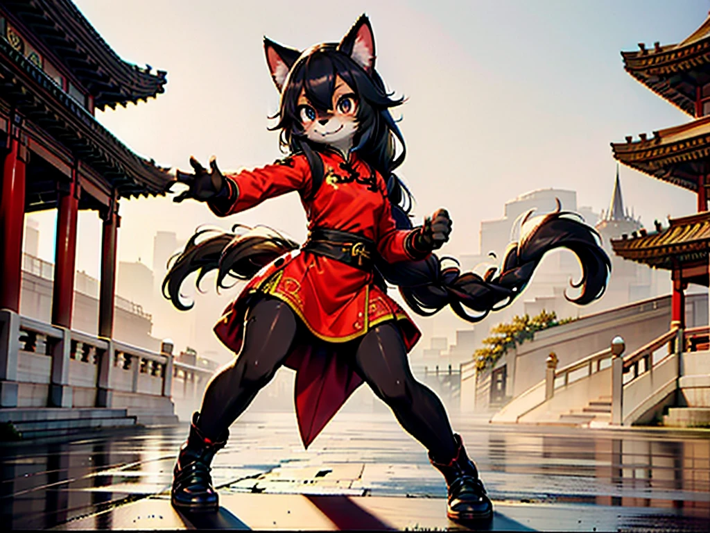 quality\(8k,wallpaper of extremely detailed CG unit, ​masterpiece,hight resolution,top-quality,top-quality real texture skin,hyper realisitic,increase the resolution,RAW photos,best qualtiy,highly detailed,the wallpaper,cinematic lighting,ray trace,golden ratio\), BREAK ,solo,1cat woman\(cat,furry,cute,kawaii,,smile,hair floating,hair color dark red,long braid hair,eye color dark red,big eyes,white fur,red cheongsam,breast,fighting stance\(kungfu style\),dynamic angle,long shot\,full body),background\(outside,chinese temple\),[nsfw:2.0],long shot,[nsfw:2.0]