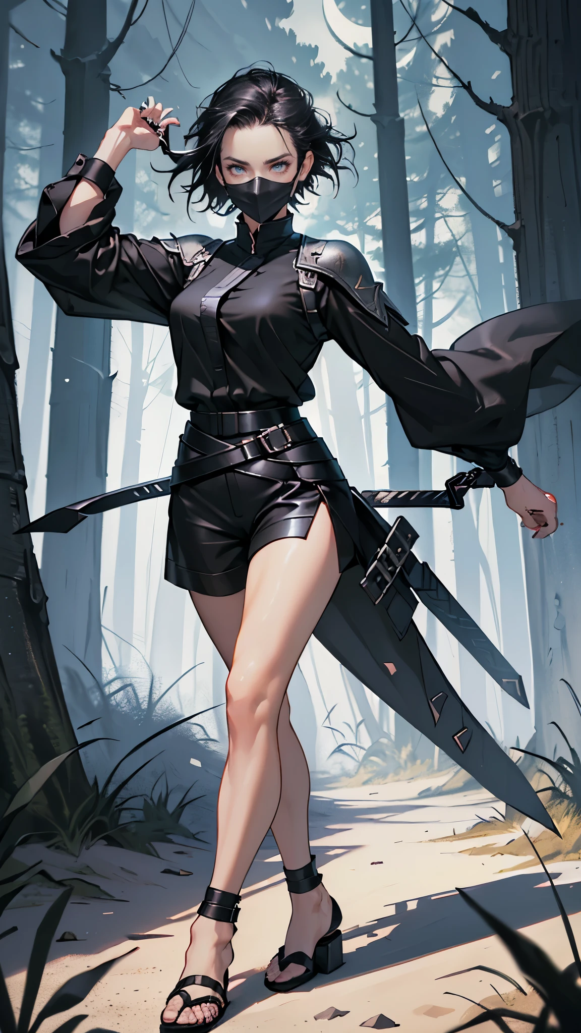 masterpiece, ultra detailed, 8K Portrait, Raw photo, portrait photo of a female, Full body, Highly detailed face, ((Fantasy)), (((Assassin Woman))), ((Young beautiful)), 23 years old, (((Tight eyes))), (((face mask))), Dynamic Pose, (((Black very short hair))), ((Forehead)), (((long-sleeved Black tight shirt))), (((Black culottes))), leather armor, (((Equip Crimson Gauntlet))), (((Leather Sole Sandals))), black body stockings, (((Equip two black short swords))), Midnight Moon, Hyper realistic, Body model, Long legs, ((Slender body)), In the forest, Ambient lighting, Shadow details, Camera focus on face, strong breeze, Light fog,