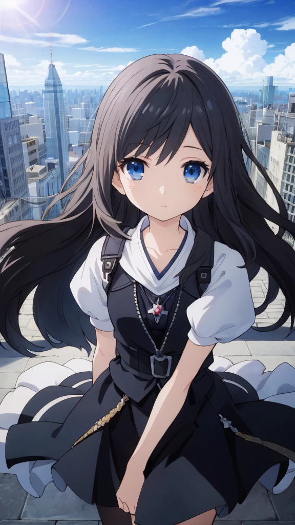 Absurd, High resolution, (Anime Style:1.1), ((Tabletop)), ((highest quality)), (Very detailed), (beautiful), alone, beautiful face、(lift)、The view from the top of a skyscraper close to the atmosphere is lovely.,Wind,((Thin black colorful long hair)),, blue eyes,Lens flare,dramatic,Detailed Ancient City、A skirt fluttering in the wind、Clouds looking down、(Finely fluttering black here:1.4),((Kingdom Hearts 4)),((Shibuya Ward))1.5,