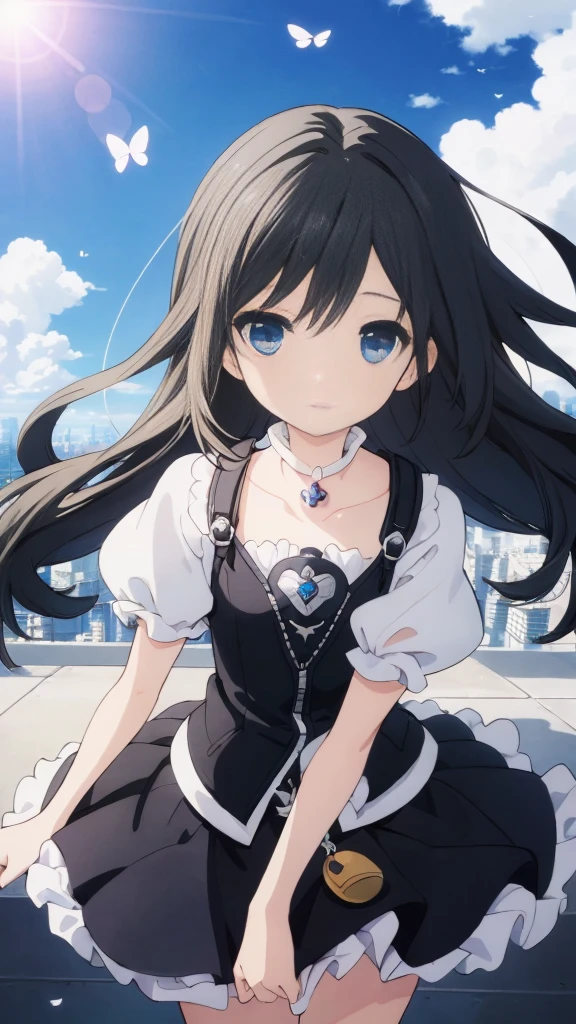 Absurd, High resolution, (Anime Style:1.1), ((Tabletop)), ((highest quality)), (Very detailed), (beautiful), alone, beautiful face、(lift)、The view from the top of a skyscraper close to the atmosphere is lovely.,Wind,((Thin black colorful long hair)),, blue eyes,Lens flare,dramatic,Detailed Ancient City、A skirt fluttering in the wind、Clouds looking down、(Finely fluttering black here:1.4),((Kingdom Hearts 4)),((Shibuya Ward))1.5,