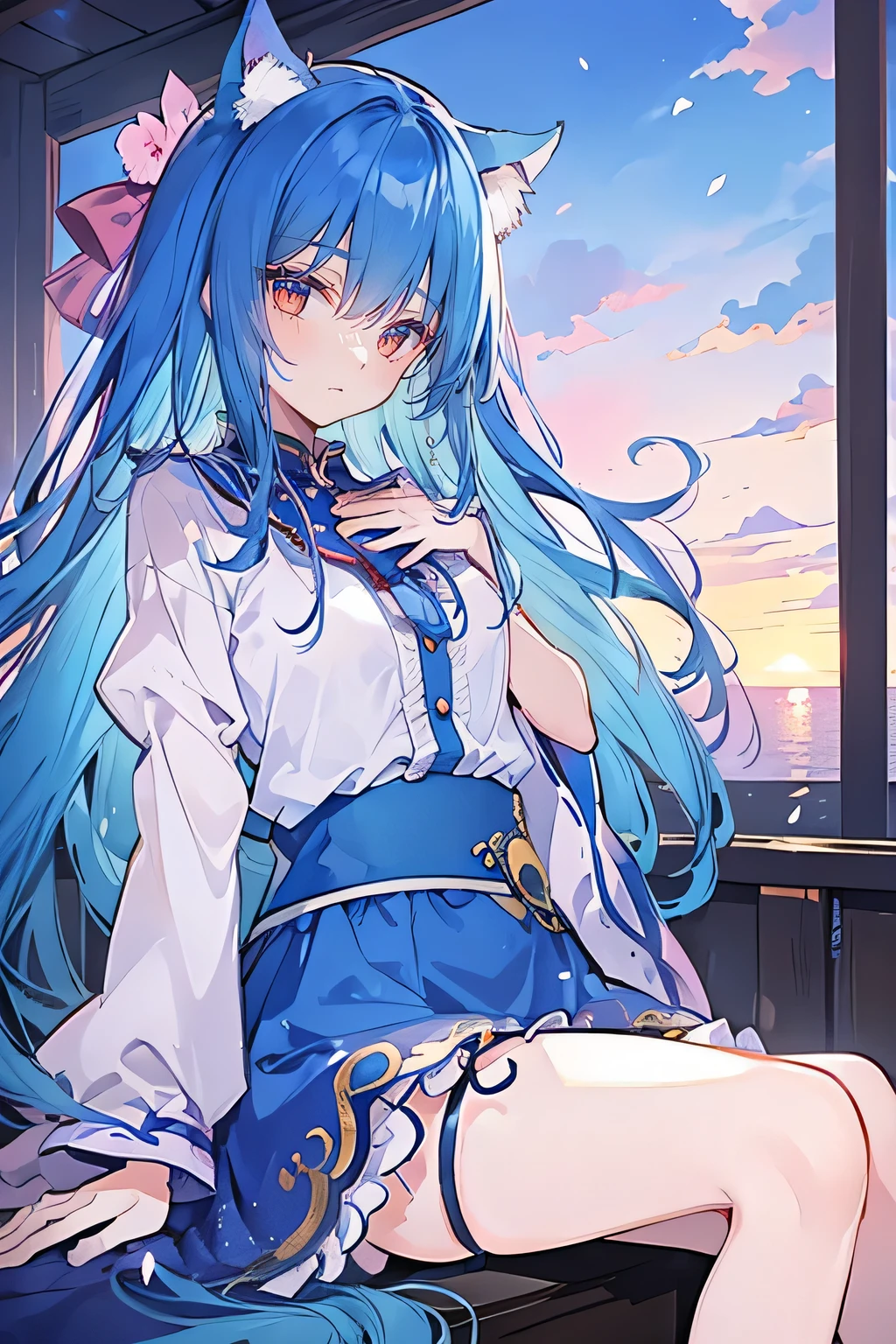 (masterpiece:1.2),Super detailed,Practical,expressive eyes,Fair skin,Perfect face shaping,1 Girl,
Japanese cartoons,Gorgeous blue hair, the long flowing blue hair,Floating clothes,Cat ears,Petals falling,beautiful lola,Young Angel,
Hands on waist,sit elegantly on the ground,Cross your legs,Gentle and peaceful background,Cool and cozy pavilion,Sunset,