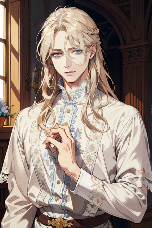 1 man, Realistic, master-piece, bestquality, Beautiful, detailed eyes and detailed faces.,natural light, Medieval Fantasy, European retro, White shirt, lace, Long dark golden hair, blue eyes, attractive, depressed, Decorative flowers, sunbeam