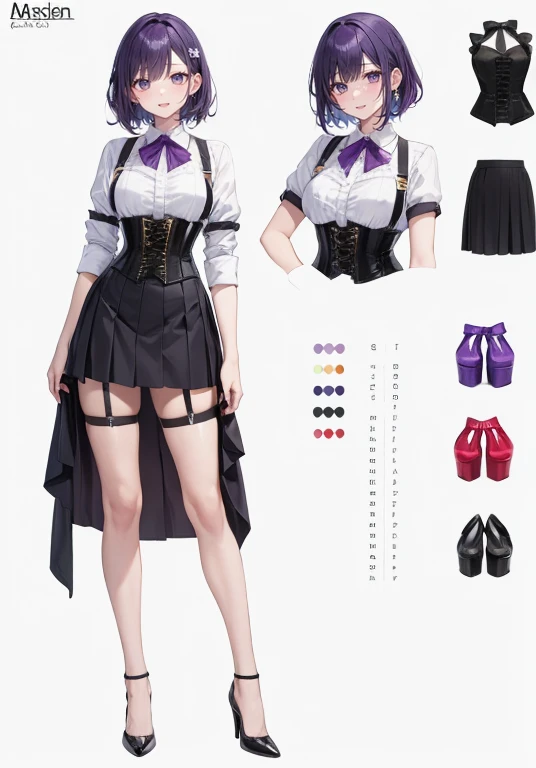 Purple hair,Shortcuts,Adult female,Bartender,((Body harness)),((Rolling up your sleeves shirt)),(Corset),(Tight skirt),((Garter belt)),(high heels),((Simple background)),Smile,((Full body)),((whole body)),Character Sheet,