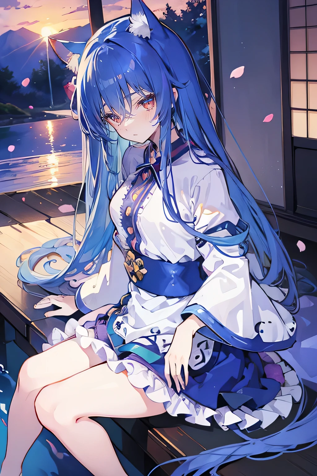 (masterpiece:1.2),Super detailed,Practical,expressive eyes,Fair skin,Perfect face shaping,1 Girl,
Japanese cartoons,Gorgeous blue hair, the long flowing blue hair,Floating clothes,Cat ears,Petals falling,beautiful lola,Young Angel,
Hands on waist,sit elegantly on the ground,Cross your legs,Gentle and peaceful background,Cool and cozy pavilion,Sunset,