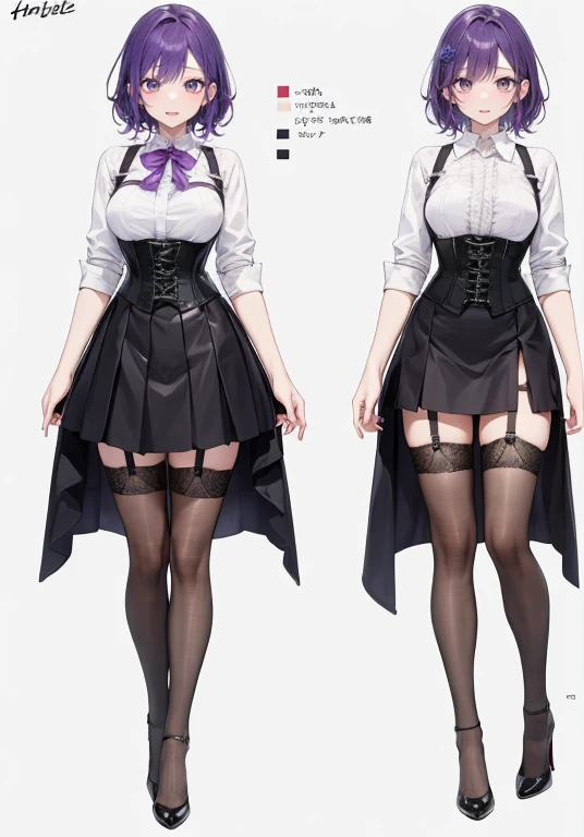 Purple hair,Shortcuts,Adult female,Bartender,((Body harness)),((Rolling up your sleeves shirt)),(Corset),(Tight skirt),((Garter belt)),(high heels),((Simple background)),Smile,((Full body)),((whole body)),Character Sheet,