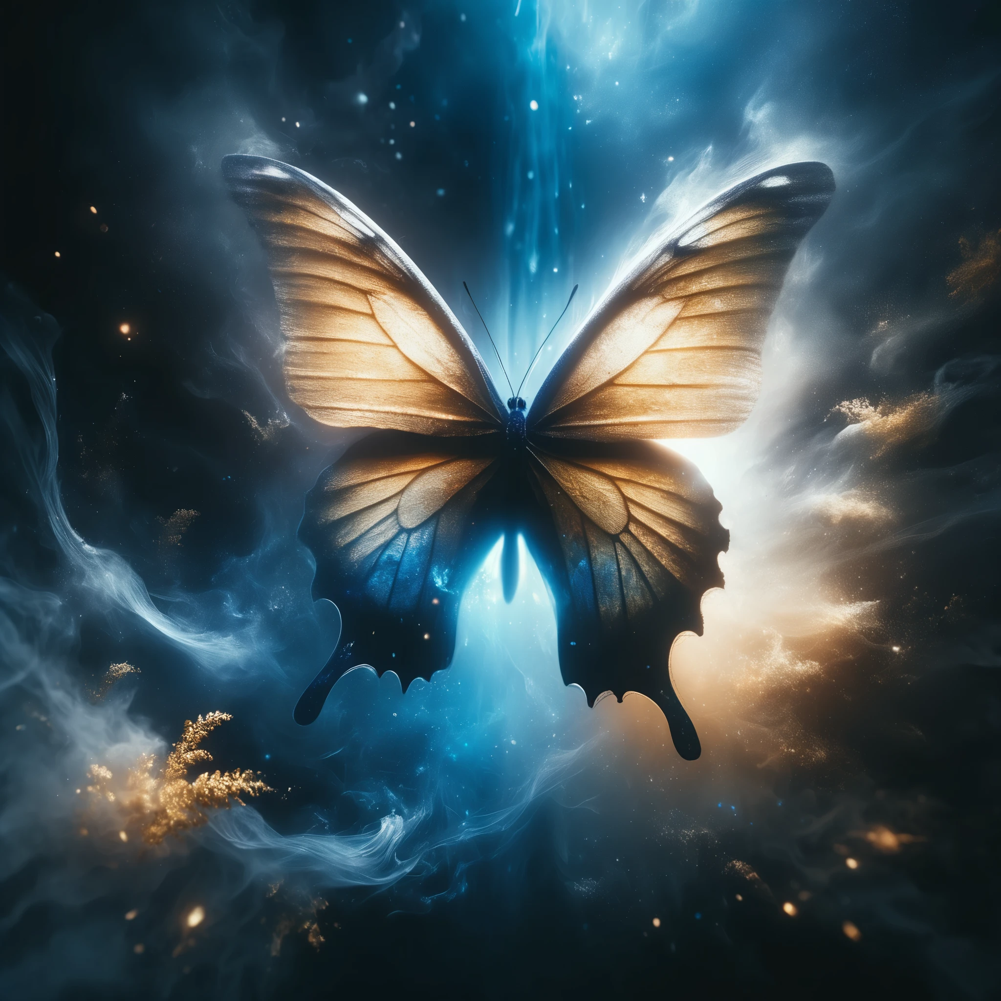 Abstract and surreal image of blue butterfly, blue dust rises from the depths of the abyss and swirling in a vortex of darkness and golden light forms a large ephemeral blue butterfly of bright blue dust combined with darkness and light, large butterfly wings, streaks of golden light on the wings, the vortex smoothly turns into a butterfly and is its continuation, it is difficult, detailed, Intricate, Perfect, masterpiece, abstraction, real, detailed, Movie Still, Film Still, Cinematic