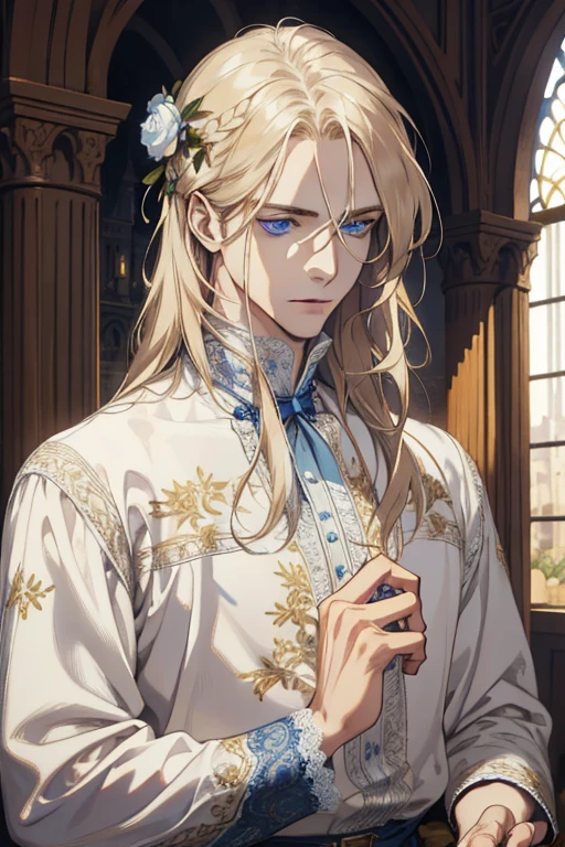 1 man, Realistic, master-piece, bestquality, Beautiful, detailed eyes and detailed faces.,natural light, Medieval Fantasy, European retro, White shirt, lace, Long dark golden hair, blue eyes, attractive, depressed, Decorative flowers, sunbeam
