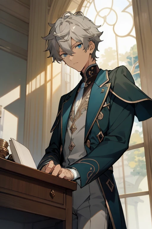 masterpiece, best quality, 1 male, adult, muscular tall, handsome, finely detailed eyes, intricate details, light grey hair, blue eyes, looking down at viewer, elegant, regal, handsome face, lovelyboy, izumi sena, light skin, staring down at viewer, giant, giant man, elegant clothing, viewed from below, sitting at desk, staring down at viewer, fluffy hair, small eyes, slim eyes, wearing black turtleneck, green coat resting on shoulders
