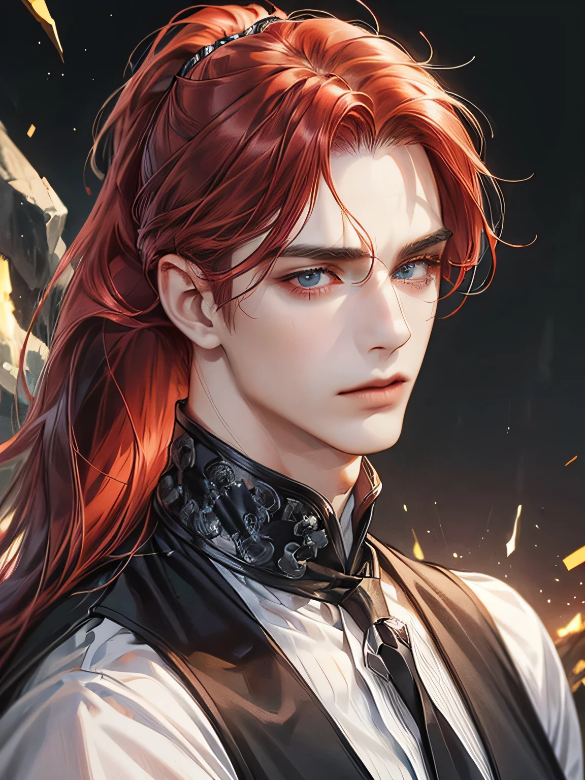 (best quality,HD:1.2), ultra-detailed, realistic:1.37, male above 40, tall, very mature, long pony tail red hair with white highlights, sharp face, sharp eyes, dark black vest, low exposure, solo, normal expression