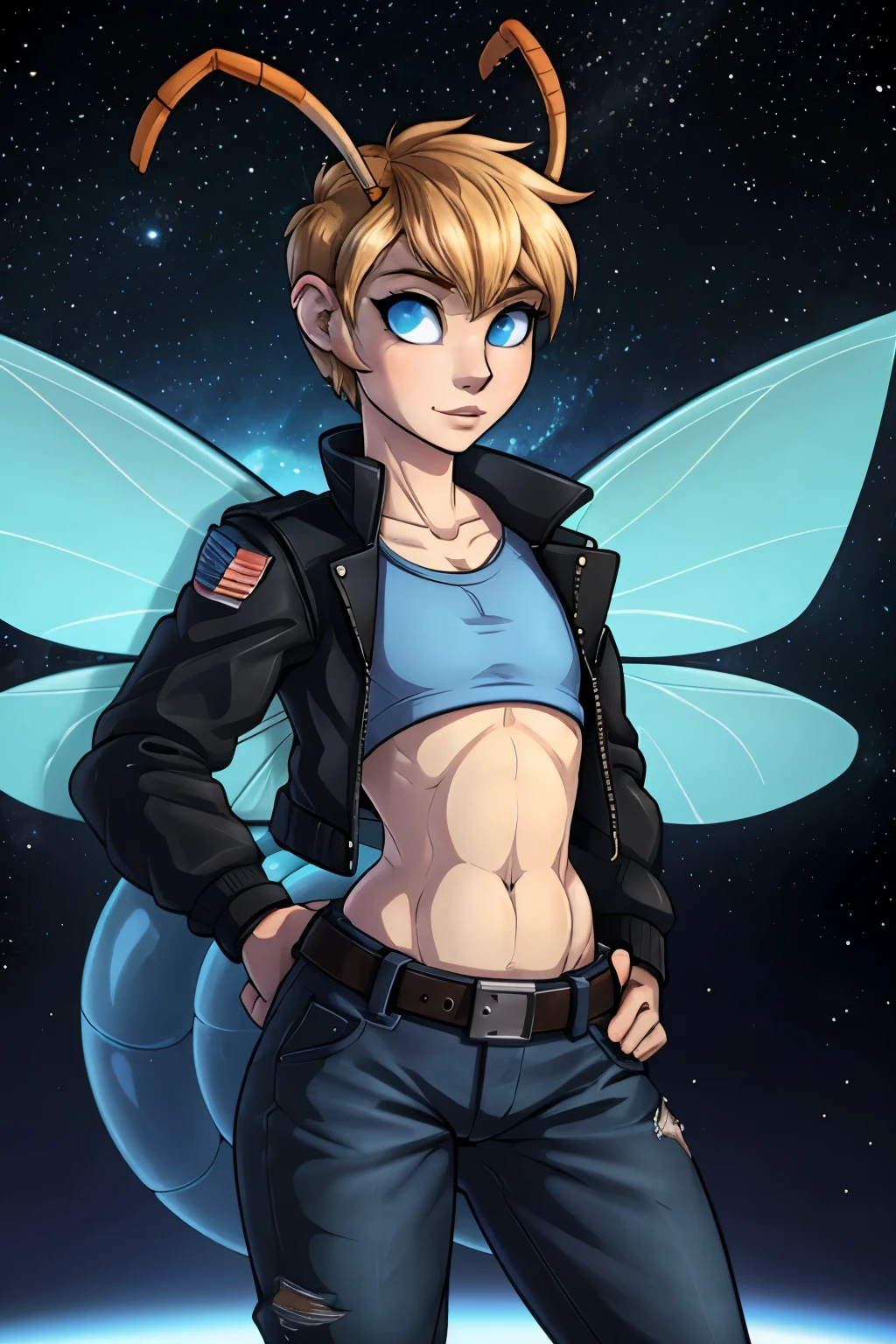 (Tomboy Fairy), Tomboy, pretty face, human nose, space station background, thin body, slim, fit, long insect antennas, dark blonde hair, tomboy pixie cut, blue eyes, flat chested, adjatha, utility belt, cropped jacket, black tanktop, jean pants, SFW, blue insect wings
