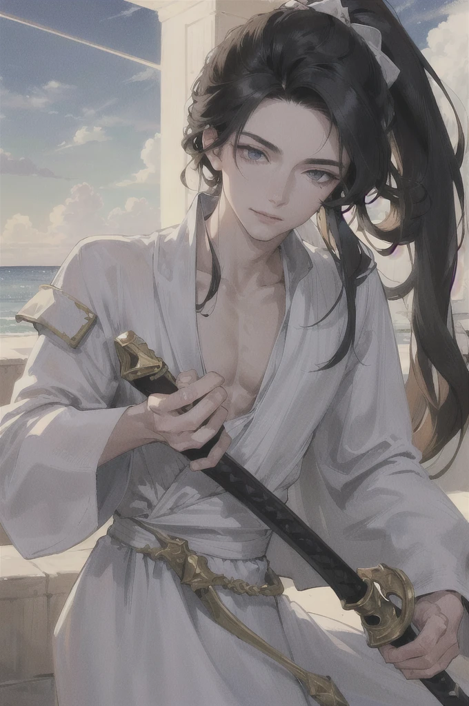 Official Art, Masterpiece, Sharp Focus, (Beautiful Gorgeous Man:1.3), (Beautiful Male:1.3), Delicate and Beautiful Hair and Eyes and Face, Realistic, Very Detailed, Beautiful Muscular Man, (Side Lighting:1.2), Sunshine, Soft Clouds, Thin, ((Not smiling, looking down with eyes open)), Long hair in a ponytail, (Vision:1.7), Dynamic hair, Detailed platinum black hair, Radiant black eyes, Dressed in a white knight's robe, Standing with a sword,  A smirk, a mole under the eye