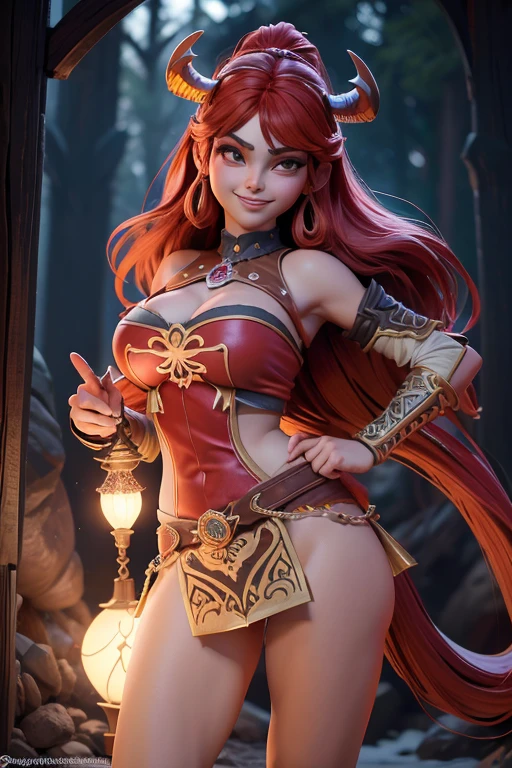 Hermosa cabeza femenina vikinga, pelo rojo, disfraz de guerrera vikinga, en globo de nieve, sonrisa suave, Lindo retrato de cuerpo entero, figura esbelta de pie, Personaje de dibujos animados, personaje de pixar, medieval, Renderizado 3D, symatic lighting, Trazado de rayos. Rojo crujiente, luz radiante, bosque misteriosa, (la mejor calidad, 8K, high resolution, obra maestra:1.2), caprichoso.