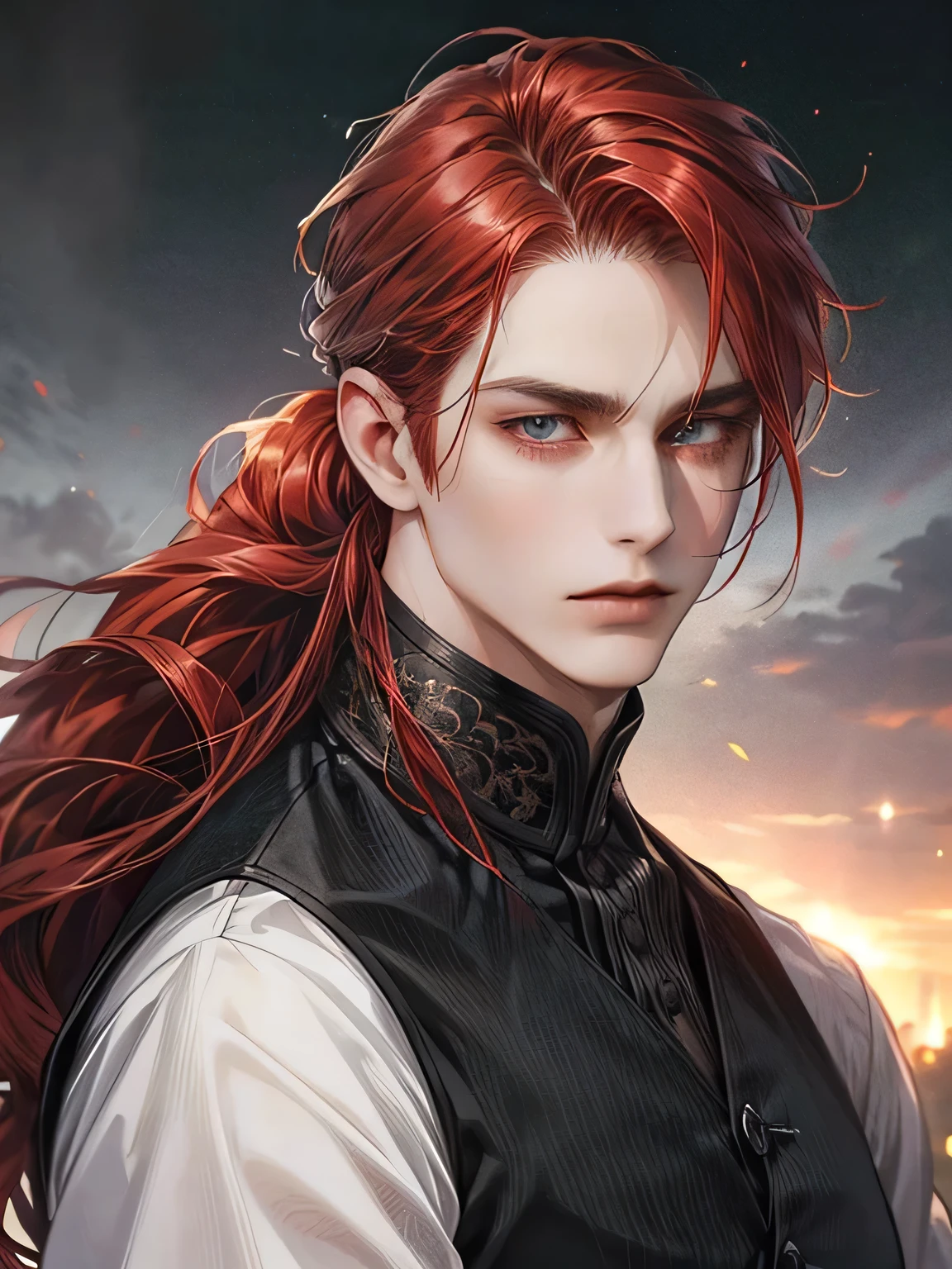 (best quality,HD:1.2), ultra-detailed, realistic:1.37, male above 40, tall, very mature, long pony tail red hair with white highlights, sharp face, sharp eyes, dark black vest, low exposure, solo, normal expression