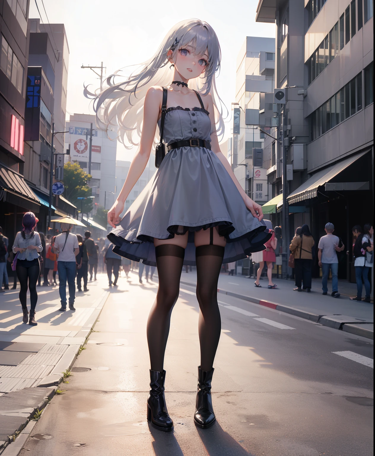 posing,Top quality work,Show Legs,8K, photo image, masterpiece,super resolution ,(long silver hair with purple ends),(purple eyes), lovely red lips, 8K quality, Pale light and shadow, bright white background, 1 girl,((mini denim dress in vintage dark grey wash, raw frayed hem and low rise waist)), punk boots, (tights), (at the tokyo street),small round chest,full-body view,16yo,(building in the background)