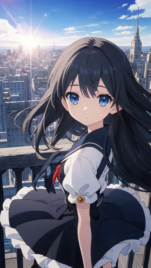 Absurd, High resolution, (Anime Style:1.1), ((Tabletop)), ((highest quality)), (Very detailed), (beautiful), alone, beautiful face、(lift)、The view from the top of a skyscraper close to the atmosphere is lovely.,Wind,((Thin black colorful long hair)),, blue eyes,Lens flare,dramatic,Detailed Ancient City、A skirt fluttering in the wind、Clouds looking down、(Finely fluttering black here:1.4),((Kingdom Hearts 4)),((Shibuya Ward))1.5,