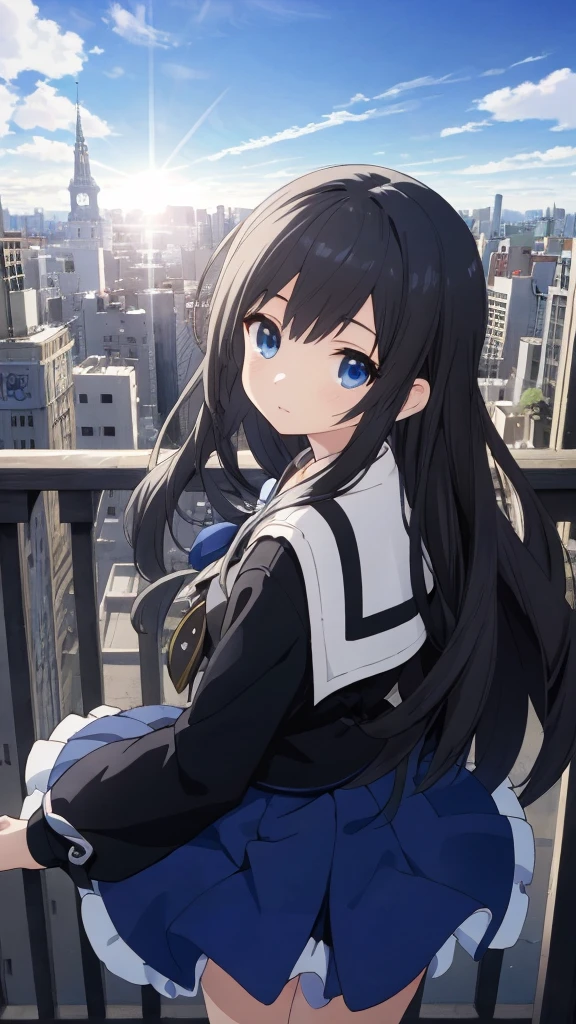 Absurd, High resolution, (Anime Style:1.1), ((Tabletop)), ((highest quality)), (Very detailed), (beautiful), alone, beautiful face、(lift)、The view from the top of a skyscraper close to the atmosphere is lovely.,Wind,((Thin black colorful long hair)),, blue eyes,Lens flare,dramatic,Detailed Ancient City、A skirt fluttering in the wind、Clouds looking down、(Finely fluttering black here:1.4),((Kingdom Hearts 4)),((Shibuya Ward))1.5,