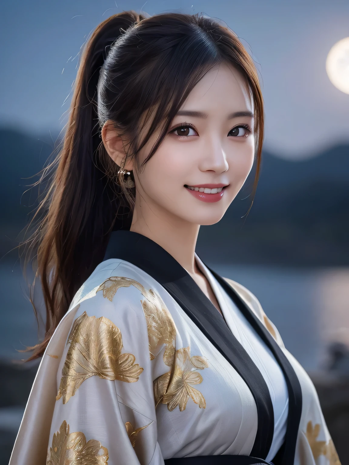 Kimono beauty, body portrait, 8K, thin and beautiful eyes, Dindal effect, masterpiece, top quality, high quality, high resolution, very detailed photo, (natural skin texture, fine skin, hyperrealism, super sharpness) , high detail skin, (very fine, fine skin texture, intricate details, ponytail, beautiful face, (real-like face), realistic eyes, beautifully detailed eyes, realistic skin, beautiful skin, hyper reality target, highly detailed, golden ratio, smiling eyes, ((night moonlight background) )), body portrait, G cup, big breasts, huge breasts, big breasts, glamorous,