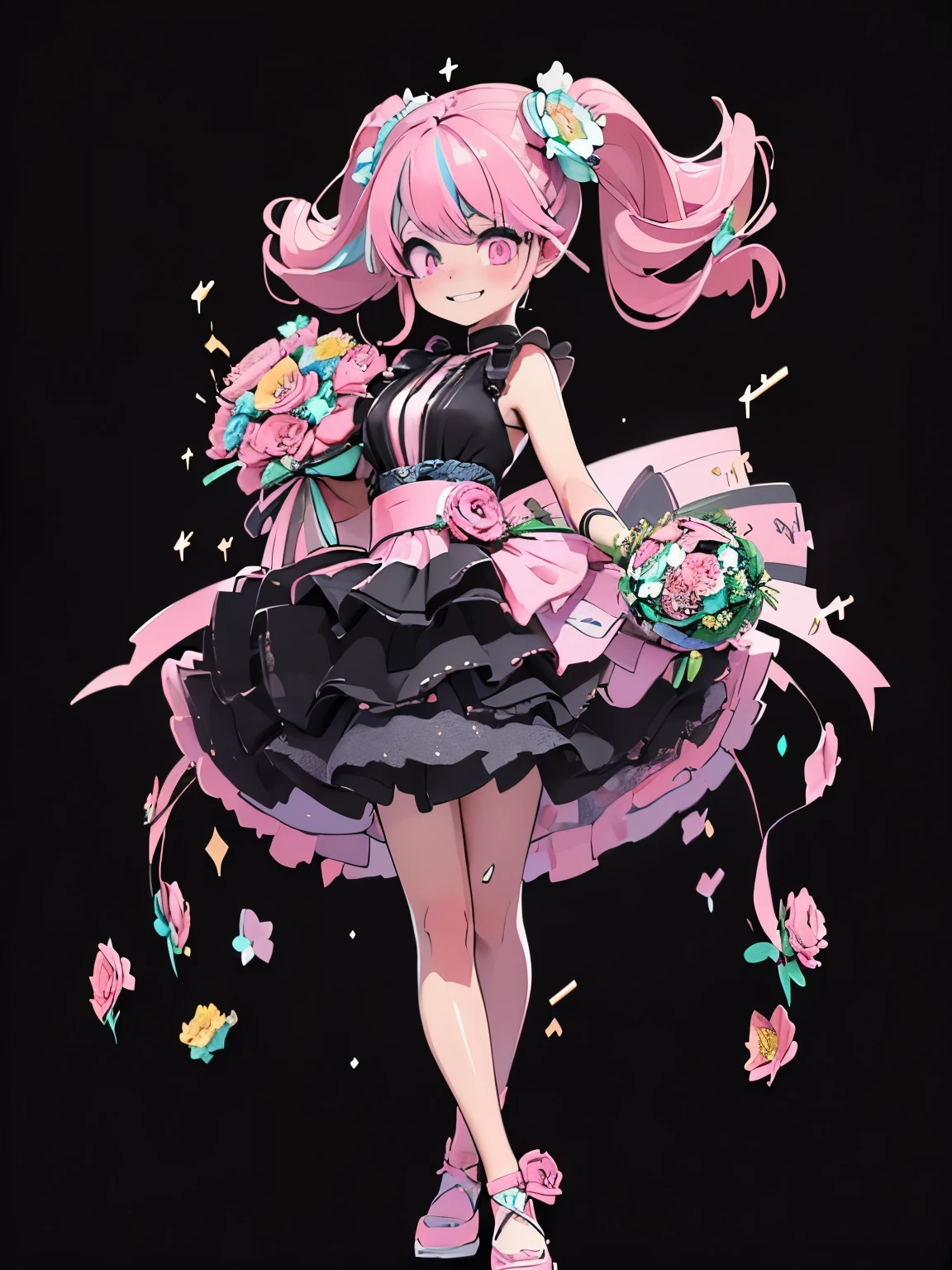 (masterpiece、highest quality、highest quality、Official Art、Beautiful and beautiful:1.2)、(One girl:1.3)Hatsune Miku、Twin tails,Big Breasts,Steampunk Style:2.Equipment、Steam engine、(hand over a bouquet:2)((Tabletop))),((Ultra-detailed,highest quality, High resolution)), (1 girl)((Pink Hair, Long Hair,Straight hair,Both sides up)) (Green Eyes),eye shadow, Eyeliner,Glow Eyes, Ultra-detailed目, Complex eyes, Beautiful Eyes, ((Shining pink eyes))18-year-old girl、Frills.smile .Hourglass background、Big hourglass.((High contrast RGB effect, LED Effect, Kaleidoscope effect, Glowing effect, Ripple effects, Glitter RGB Effect)) (Black background: 1.5)Laughter
