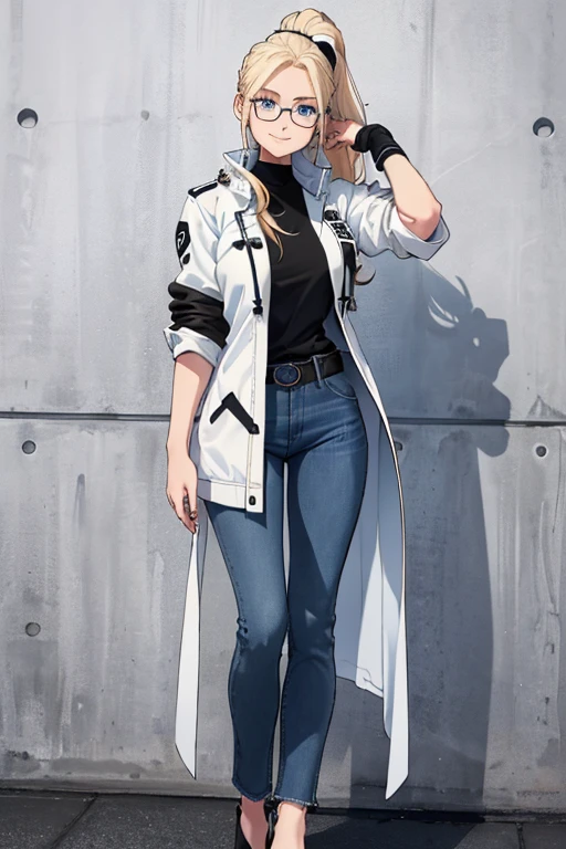 female, blonde long hair in a ponytail, blue eyes, (((1girl))), (((white and black jacket with rolled up sleeves))), (black shirt), (blue denim jeans), (black belt), (black low heels), (glasses), cute and sexy, full body, modest breasts, modest butt, long legs, smiling