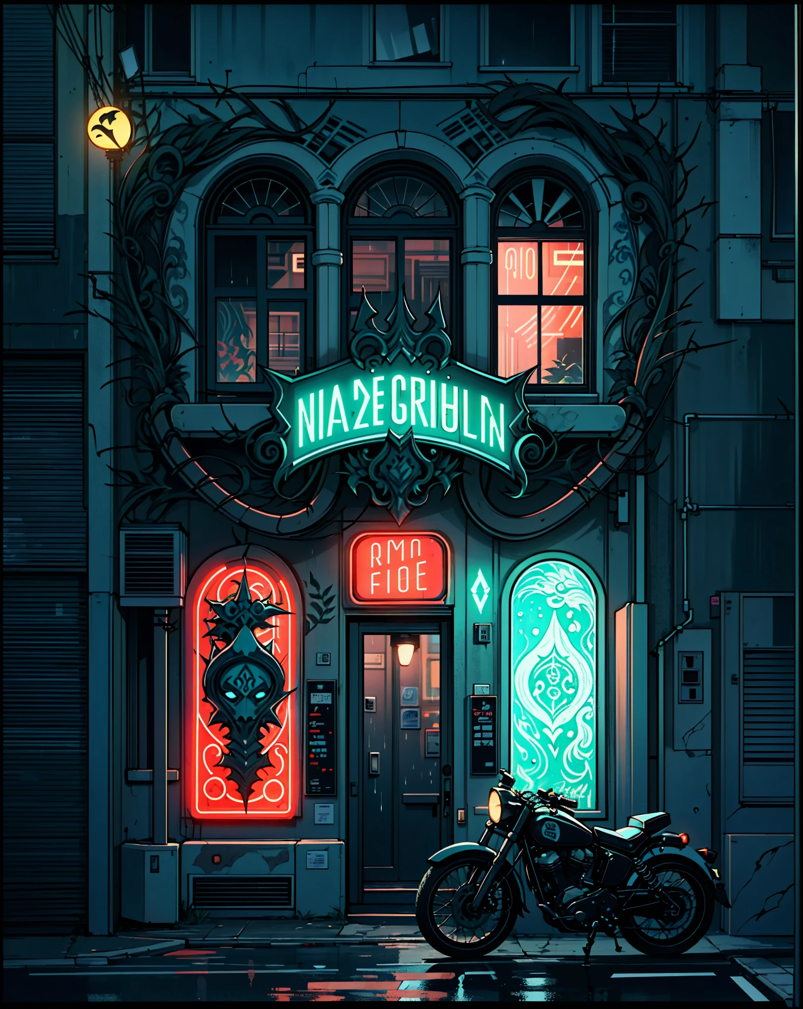 Tattoo studio facade, brightly colored Thorns & ink sign, piercings and tattoos, modernist building facade, creative modernism in architecture, night, neon, brightly colored neon signs, rainy night