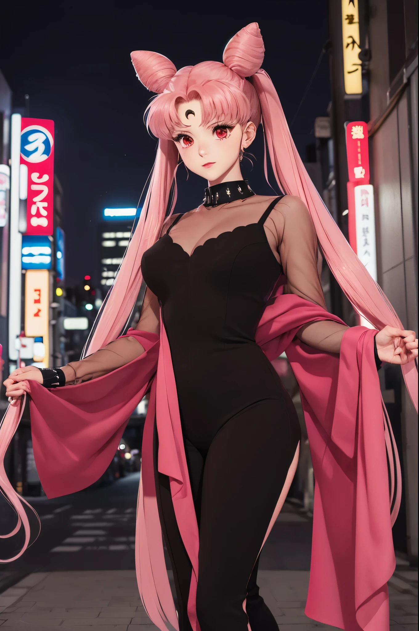 masterpiece, solo, best quality, highres, 1990s \(style\), black lady, 1girl, double bun, twintails, parted bangs, pink hair, cowboy shot, (animification:1.4), futoshi slim, (aged up:1.4), (mature female:1.4), long hair, red eyes, solo, shy, night Tokyo background