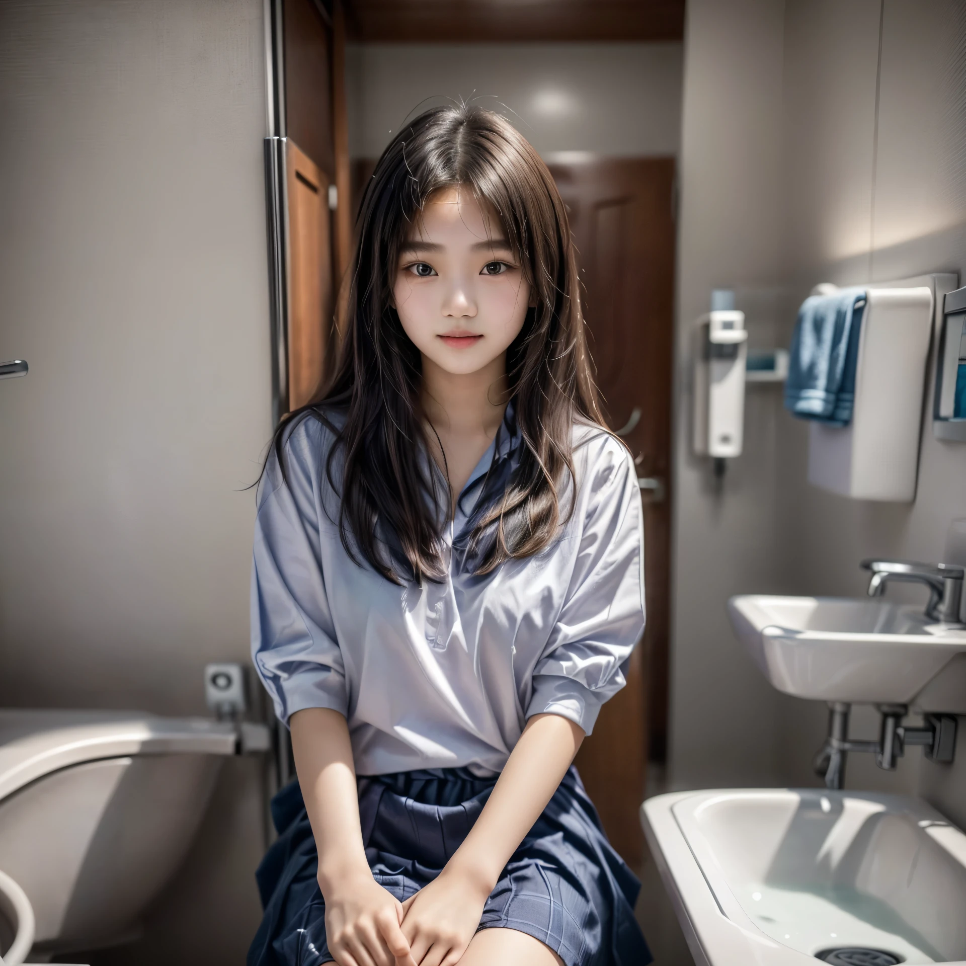 There was a young girl sitting in a public restroom washing her hands., 1 6 is, Thai girl, อายุ 17 years, 17 years, Asian girl, student, อายุ 17 years, อายุ 17 years, Very very high quality, 17 years, ************, อายุ 17 years, เด็กหญิงอายุ 17 years, ไส่ชุดstudent มอต้น