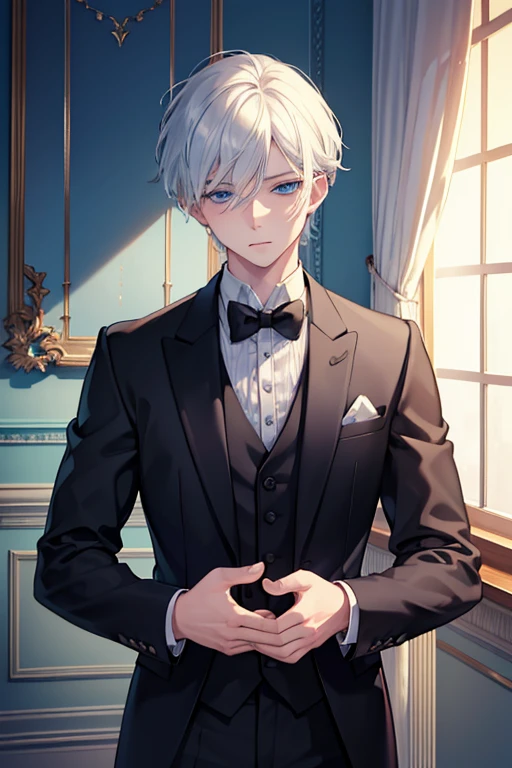 1.5, best quality, high quality, High definition, High quality texture, High quality shadow, high detail, beautiful detailed, finely detailed, extremely detailed cg, detailed texture, 1man, boy, male, butler, white hair, short hair, young, dutiful, ((ice blue eyes))