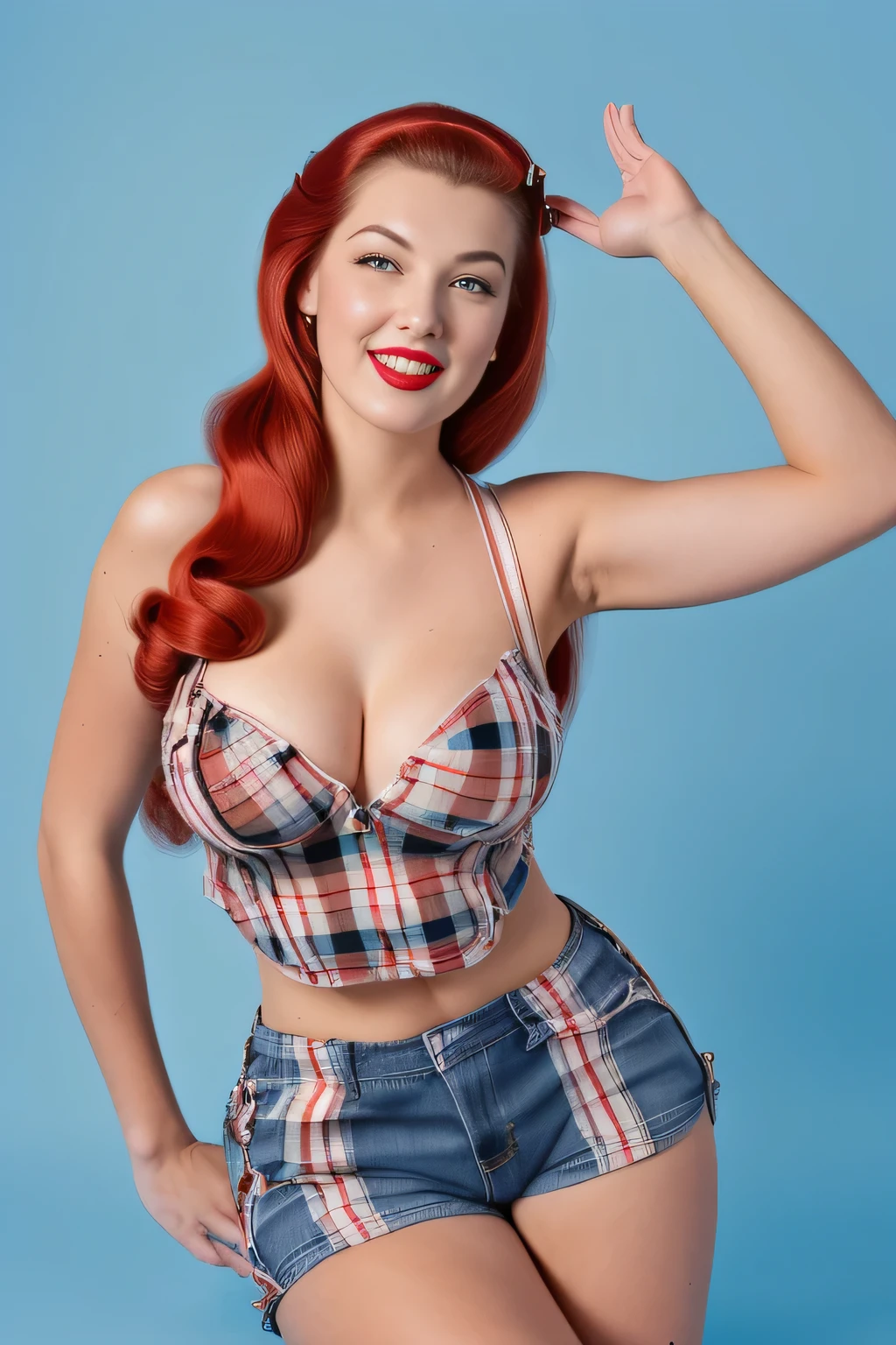 Ultra high resolution full body woman,(((Full length))), ((full body)) ((((((arm raised to front of face))))))
(((A woman in a in a plaid shirt and denim shorts))) ((large neckline)), perfect young face, smiling open surprising mouth, red lips, (((((pin up collected hairs)))))
(((retro hairstyle)))  large breasts  full-length sexuality,(((open mouth full lips))) creates the image of a glamorous girl. (((((looks into the distance))))) ((((((modern perfect model sexy face))))))  (((((leg raised and bent at the knee)))))
hand up to face like military (((half profile of face))) ((((looking out into distance)))), (((strong model posing))), low Angle, photostock style, 
the retro-USA vibe, ((The photo is made in photostock style)), good lighting , he model has a pin-up hair style, (((plain studio background)))