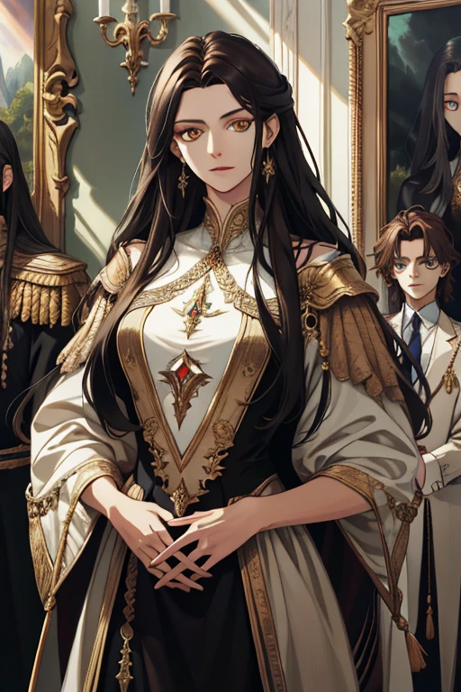 (absurd, high resolution, ultra detailed), When I noticed a painting on the wall.
It was a portrait of my family.
Zephyr stood beside. Valendrya. Her Dark hair and golden eyes highly resembled me. 
I stood in front of her With Valsendrake and Icarus standing beside me. 
painting