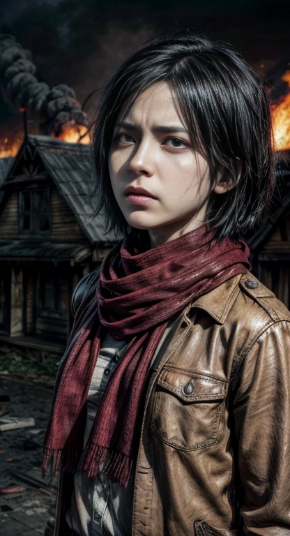 (masterpiece), (hyper realistic), Attack on Titan, Mikasa Ackerman, maroon scarf around the neck, sad pose, Crying, tears, dinamic lighting, fire, traces of blood on clothes and face, burning houses in the background, smoke, Rain