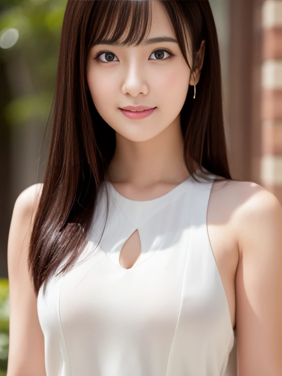 Beautiful woman in white dress, （masterpiece）、(highest quality:1.5)、(16kのwallpaper:1.2)、(Photorealistic:1.2)、(Ultra-detailed:1.2)、(超A high resolution:1.2),Healthy thighs、Narrow waist、Big 、（Beautiful legs）、(Surreal), (figure), (High resolution), (Very detailed), (best figure), (Beautiful fine details),(Sharp focus), (Professional), (Realistic), (Post-processing), (maximum detail),Roughness, (highest quality), (Very detailed), (masterpiece), (wallpaper), (Detailed face),Beautiful realistic face,（Anatomically correct body）、（(1 female:1.４)）、Realistic far looking eyes、Realistic Skin、美しいBlack Hair、Super Beauty、（Small chest：1.4）,Sharp focus:1.2,Pretty woman with perfect figure:1.4,The best smile、(from the front:1.5)、 Natural color lip,Black Hair、Even bangs,27 years old、Long hair or bob hair、In the great outdoors、