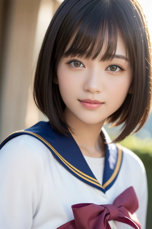 (highest quality:1.5)、(Realistic:1.5)、(1 person:1.5)、(Upper Body:1.5)、Very detailed、High resolution、8k wallpaper、、Small breasts、Natural color lips、Cute Smile、Japanese women、20-year-old girl、Beautiful and elegant face、Perfect and beautiful face、Big eyes、Brunette eyes、Beautiful and elegant face、Natural double eyelids、Natural Bangs、Beautiful thin nose、Beautiful Skin、Chestnut Hair、Medium Bob Hair、Short Hair、Natural Bangs、Perfect and beautiful face、Slim face and figure、(Looking at the camera with a cute expression)、Bright lighting、Professional Lighting、Forward lighting、Cute Smile、High School Uniform、Girls' High School 、Beautiful clavicle、Facing forward、Simple poses、Fair skin、slender、Glowing Skin、Beautiful Skin、(Sailor suit)、School、