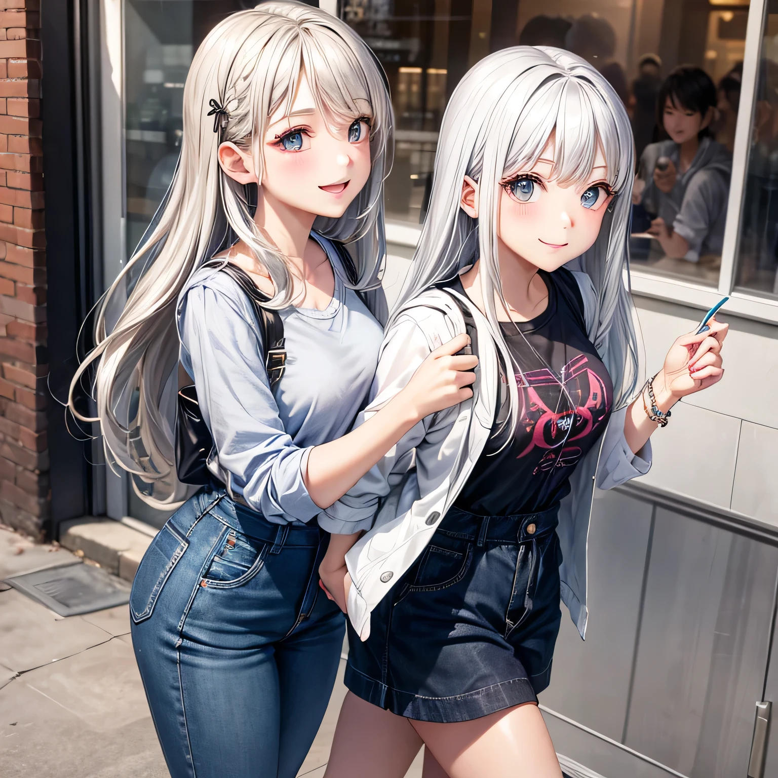Silver Hair、beautiful girl、American casual fashion、smile、16k