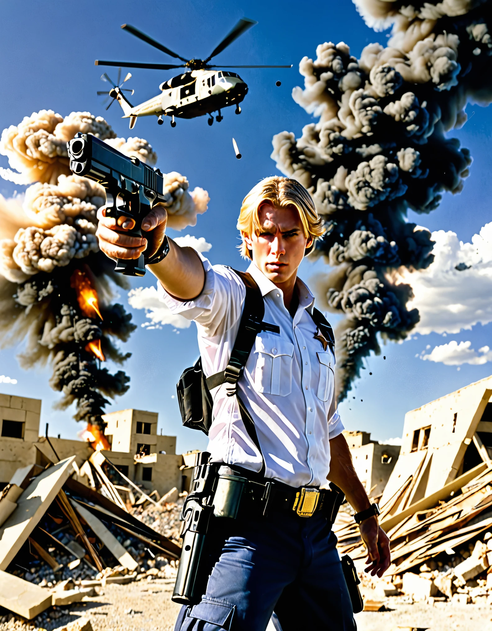 1man, late-twenties male, (shooter, glock 17, finger on trigger, smoking gun), empty desert, (blonde hair, medium hair, combed back hair), hazel eyes, building, burning, cloud, cloudy sky, day, debris, depth of field, destruction, explosion, fire, sky, (drop-down pistol holster, handgun, pistol, holstered pistol), (helicopter, helicopter hovering above), male focus, military, motion blur, outdoors, rubble, sunset, uniform, white shirt, assault vest, cowboy shot