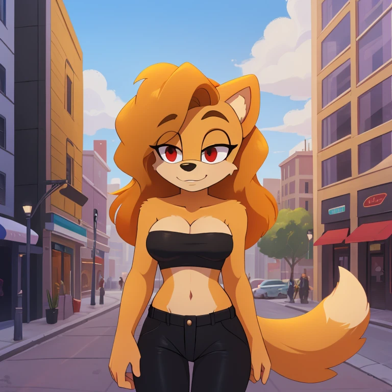mobian female (golden retriever), ((masterpiece)), cute, attractive, ( wearing a strapless crop top:1.3), (wearing a black pants:1.5), medium breasts, cleavage, (correct proportions), (royal golden body fur:1.5), ( golden belly fur:1.1), (hair (royal golden color)):1.5, medium fluffy hair, (crystal red eyes):1.3, (dog tail):1.2, (dog ears):1.2, (city:1.5)