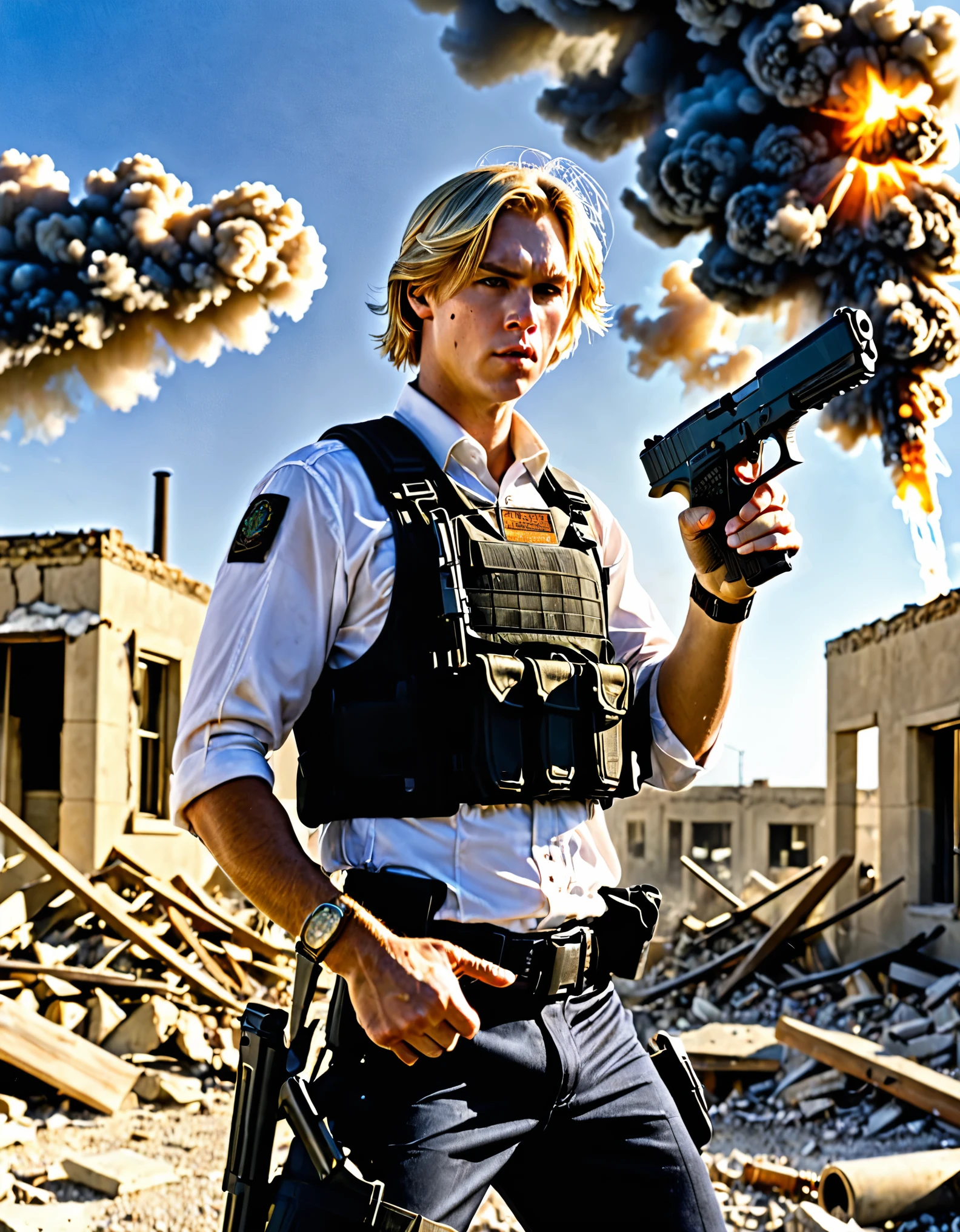1man, late-twenties male, (shooter, glock 17, finger on trigger, smoking gun), empty desert, (blonde hair, medium hair, combed back hair), hazel eyes, building, burning, cloud, cloudy sky, day, debris, depth of field, destruction, explosion, fire, sky, (drop-down pistol holster, handgun, pistol, holstered pistol), (helicopter, helicopter hovering above), male focus, military, motion blur, outdoors, rubble, sunset, uniform, white shirt, assault vest, cowboy shot
