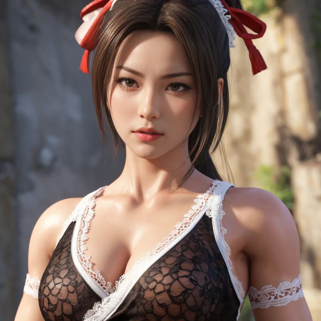 Mai Shiranui, (best quality,ultra-detailed),(realistic:1.37), beautiful and detailed face, ultra-realistic texture, delicate face, athletic body, vivid colors. High definition, 8k, angry expression