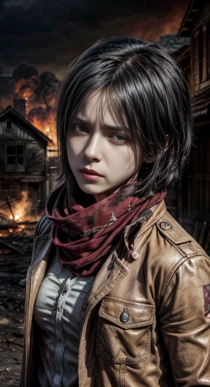 (masterpiece), (hyper realistic), Attack on Titan, Mikasa Ackerman, maroon scarf around the neck, sad pose, Crying, tears, dinamic lighting, fire, traces of blood on clothes and face, burning houses in the background, smoke, Rain