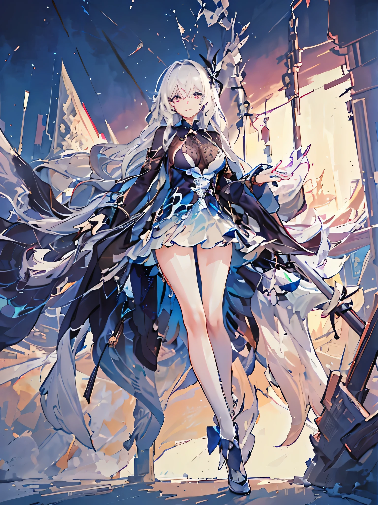 1girl, white hair, high quality, best quality, illustration, masterpiece, (highly detailed:1.2), (extremely detailed:1.3), young girl, in a winter park, string ribbon, skirt, thigh highs, winter, full body, ((masterpiece)),(top quality),(best quality),(((ultra-detailed , 8k quality))), (large masterpiece digital art), (detailed manga ilustration) ,(detailed line art) ,((perfect anatomy)), extremely detailed body, extremely detailed legs, perfect legs, ((Large breasts)), (((short haircut))), (pixie style), urban setting, (4k), (ultra hd), (confident pose), (high resolution), (detailed), (moody lighting), (professional camera), (street style), ((urban fashion)), ((soft skin)), mysterious, (city background), (modern), (trendy look), (artistic), (high-quality portrait), (((Short hairstyle)))